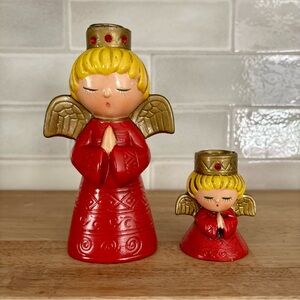 Vintage Set 2 Pair Ardco Japan Red Angel Candleholder Taper Candles Retro Deco